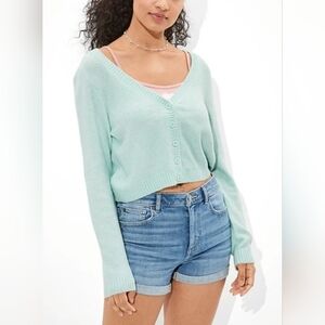 American Eagle Light Green Cropped Cardigan Sweater • Women’s Size Small